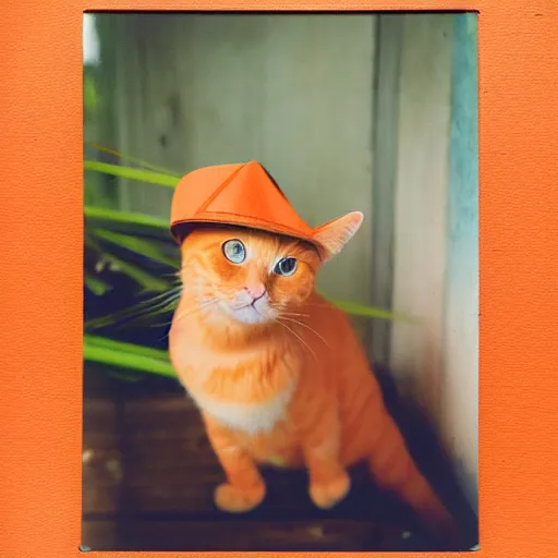 Prompt: A portrait of a orange cat wearing a small vietnamese straw hat, award winning photo, polaroid, color photo