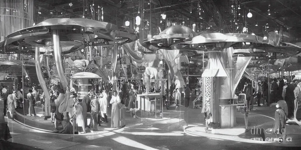 Prompt: futuristic invention display at the worlds fair, 1 9 0 0 s photograph