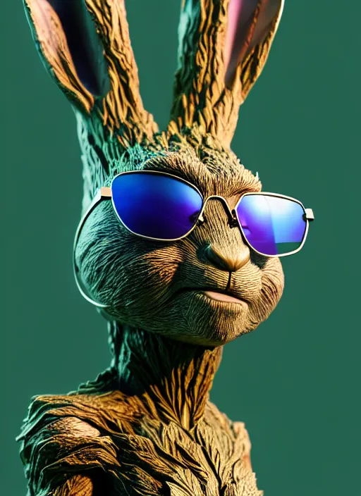 Prompt: rabbit groot as marble statue, big sunglasses, in marijuanas gardens, soft surface texture, very realistic 3 d render, soft sun lights, 4 k, high detailed photography result, 5 0 mm lens, rich deep colors, smooth gradients, depth of field, cinematic, hyper realism, high detail, octane render, unreal engine, 8 k, vibrant red colors