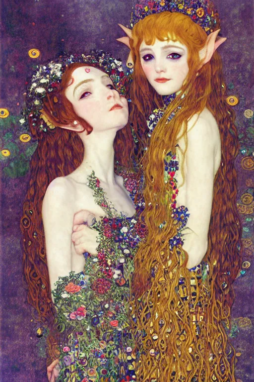 Image similar to two beautiful young elf maidens, fantasy, kiss, highly detailed, artstation, illustration, art by Gustav Klimt