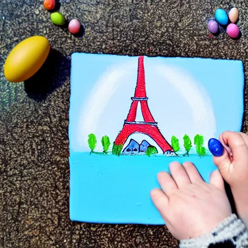 Image similar to A polar bear painting easter eggs in front of the Eiffel Tower