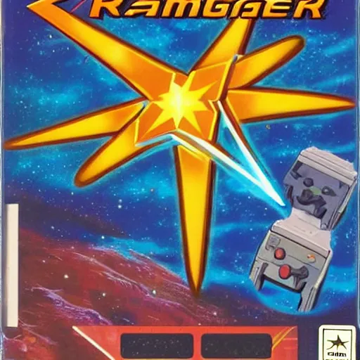 Prompt: video game box art of a commodore 6 4 game called star ranger.