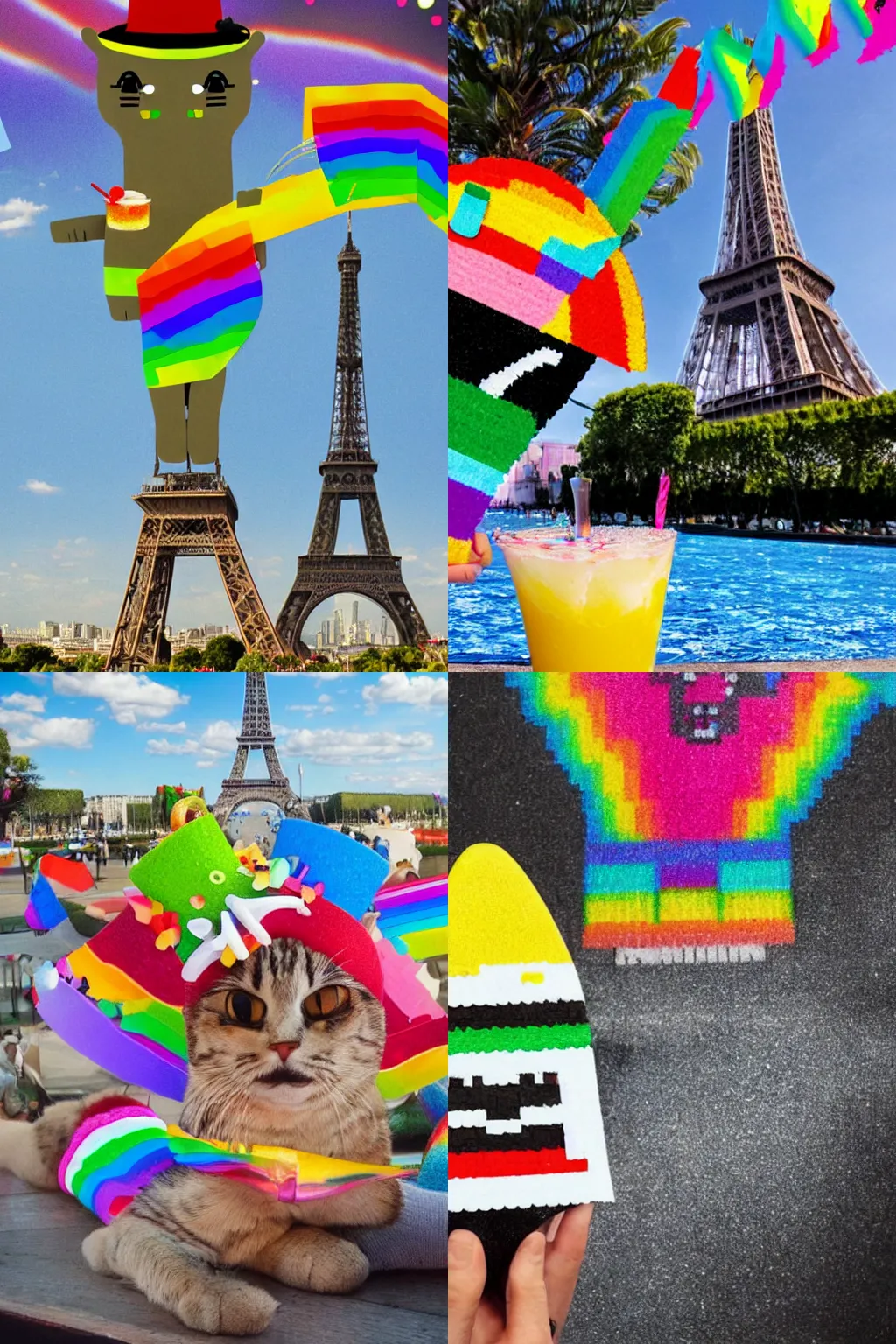 Prompt: long-shot photo of Nyan Cat with a sombrero and pina colada, chilling by the Eiffel tower, detailed