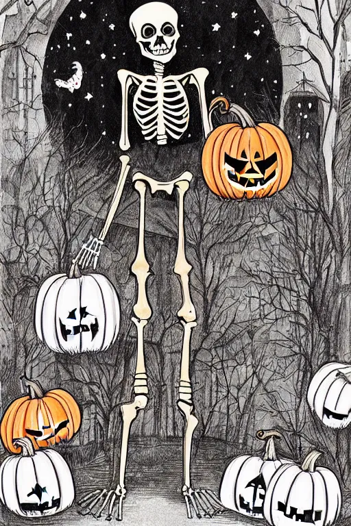 Prompt: illustration for a story that reads : in the town of halloween, the spookiest place that you have ever seen, lives a skeleton named jack, who goes shopping for a new outfit to wear on halloween., colorful, fantasy, pixar, childrens book illustration, sharp high detail, manga and anime ( 9 )