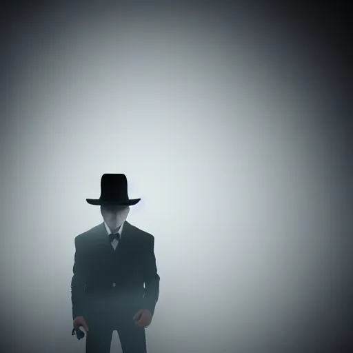 Image similar to mysterious man in black suit and black hat, he has a pistol, smoke, fog, mysterious, 4 k, highly detailed, digital art, strong shadows, high contrast, epic scene, atmospheric, blue colours, trending on artstation