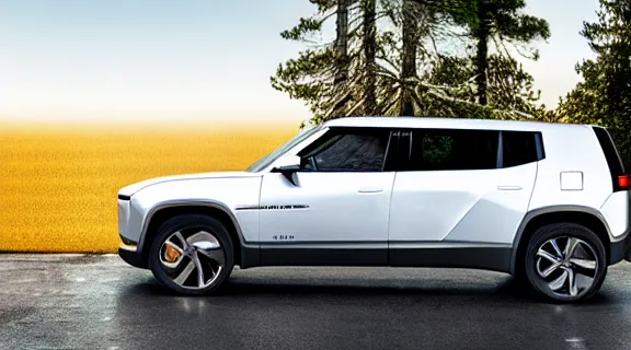 Image similar to a modern hatchback car side view designed by Rivian, realistic studio photography