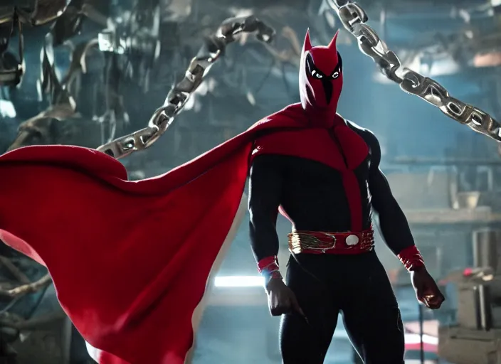 Image similar to film still of michael b jordan as spawn in the new spawn movie, giant chains, large cape, 8 k