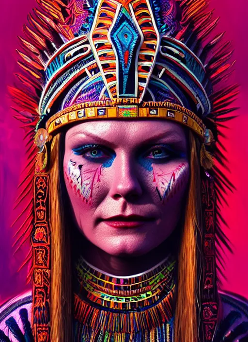 Image similar to portrait of kirsten dunst, hyper detailed ultra sharp aztec shaman warrior. trending on artstation, warpaint aesthetic, bloodwave, colorful, psychedelic, ornate, intricate, digital painting, concept art, smooth, sharp focus, illustration, art by artgerm and greg rutkowski and h. r. giger, 8 k