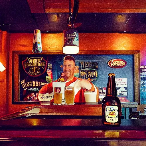 Prompt: a 3 d rendered movie still, 4 k, wide - angle medium - shot. at the bar, a tall frosty mug of root beer is on the bar, next to a small origami bird. a dart board on a wall in the background. it's happy hour, high - energy. imax, 7 0 mm dramatic lighting, digital art, photorealistic blade runner