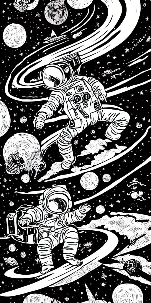 Image similar to full color, mcbess poster , astronaut drifting into a black hole