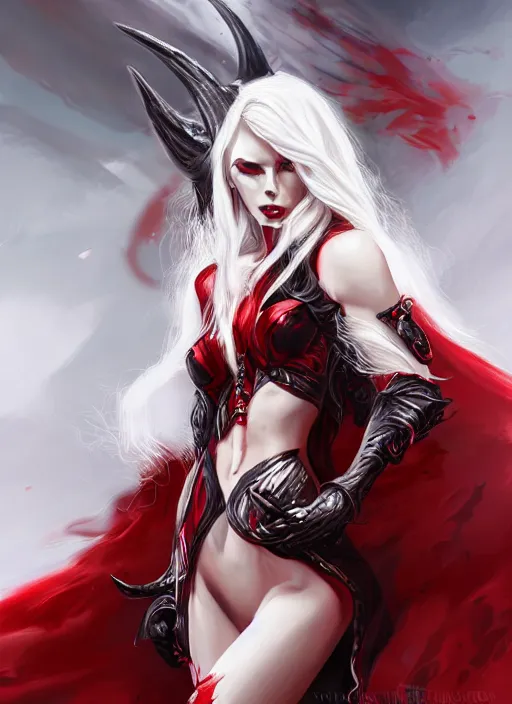 Prompt: a highly detailed illustration of fierce beautiful long white haired horned demon woman wearing red and black battle dress, dramatic imposing pose, perfect face, perfect body, intricate, elegant, highly detailed, centered, digital painting, artstation, concept art, smooth, sharp focus, league of legends concept art, wlop.