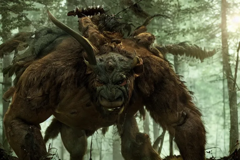 Prompt: vfx movie closeup detailed ancient warrior orc hunting elk in the forest, natural lighting by emmanuel lubezki