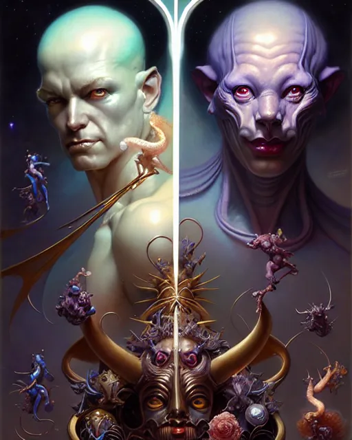 Image similar to beautiful gemini good and evil, happy and sad faces, fantasy character portrait, ultra realistic, wide angle, intricate details, the fifth element artifacts, highly detailed by peter mohrbacher, boris vallejo, hajime sorayama, wayne barlowe, aaron horkey, gaston bussiere, craig mullins