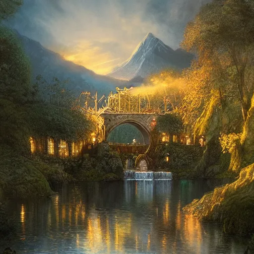 Image similar to Rivendell in the evening, detailed matte painting, Alan Lee, Artstation