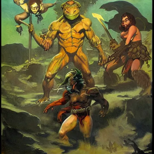 Prompt: Frank Frazetta style fantasy painting of a humanoid Turtle fighting alongside a dwarf and a female wizard.