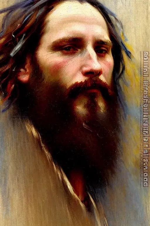 Image similar to impressionist brushstrokes!!!!!!!!! solomon joseph solomon and richard schmid and jeremy lipking victorian loose genre loose painting full length portrait painting of jesus with a slight smile happy inviting