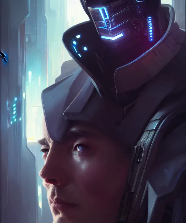 Image similar to cyberpunk hacker man portrait, sci - fi face, elegant, highly detailed, digital painting, artstation, concept art, smooth, sharp focus, illustration, art by artgerm and greg rutkowski and alphonse mucha