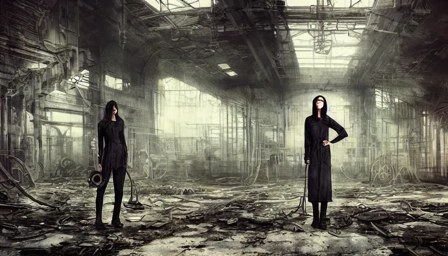 Image similar to dark moody photo of a female mechanic standing on a derelict factory floor with old rusting machinery, elegant, highly detailed, smooth, sharp focus, illustration, beautiful, geometric, art by Tom Bagshaw