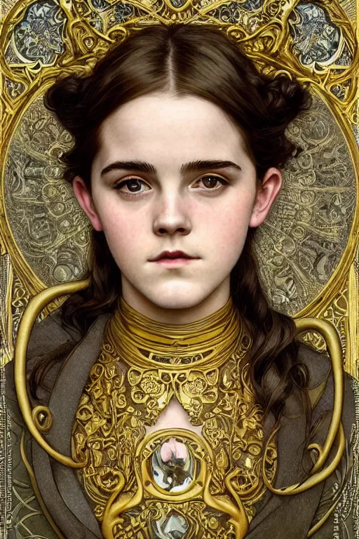 Image similar to a full body art nouveau portrait of a 16-year old girl who resembles Emma Watson, Saoirse Ronan and Anya Taylor Joy, ornate intricate golden battle armor, intricate, elegant, highly detailed, digital painting, artstation, concept art, smooth, sharp focus, illustration, art by John William Waterhouse and greg rutkowski and Donato Giancola and alphonse mucha