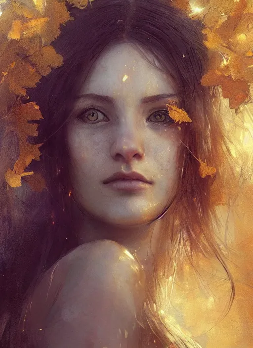 Prompt: golden leaves, creative composition for a book cover, moon, beautiful portrait painting by jeremy mann, a female witch absurdly beautiful, elegant, ultrafine hyperrealistic detailed face illustration by wlop and artgerm and greg rutkowski, intricate linework, sharp focus, smooth, octopath traveler, final fantasy, unreal engine, dramatic lighting, ethereal, 8 k