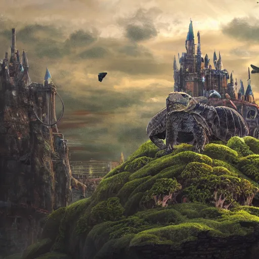 Image similar to giant tortoise walking with a large fantasy castle rising from the top of it, howls moving castle, mortal engines, distant shot birds eye view, fantasy, hyper detailed, 4 k,