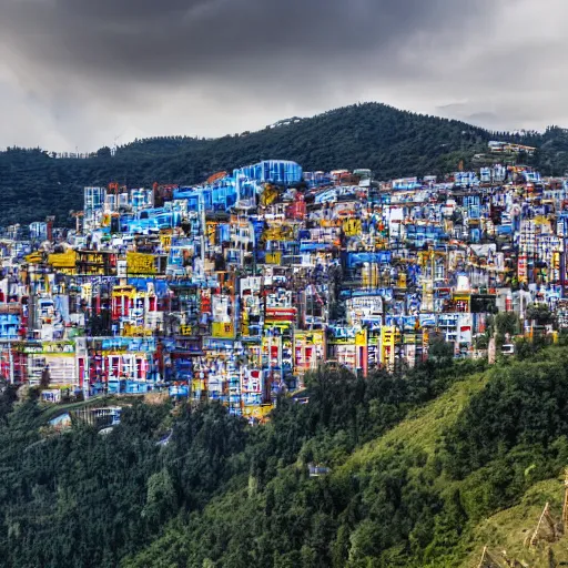 Image similar to City on a hillside, futuristic city on mountainside, red yellow and blue buildings, clouds on hill
