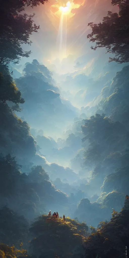 Prompt: Detailed landscape of lush pine forest mountains, Summer, morning, sun rays, blue skies, rising planet, floating rocks, nebula sky, stunning atmosphere, in Style of Peter Mohrbacher, cinematic lighting