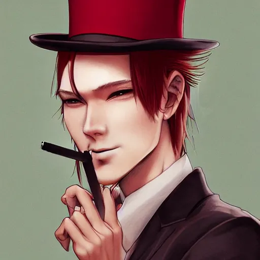 Prompt: semi realistic anime illustration of top hat wearing red haired man, holding a cigarette in hand, with slight stubble, with beautiful hyperdetailed eyes, facing camera directly, full face portrait made by Stanley Artgerm, WLOP, Rossdraws, James Jean Andrei Riabovitchev, Marc Simonetti, Yoshitaka Amano, Artstation