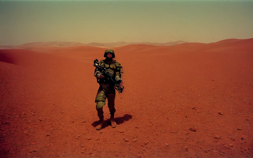 Image similar to in a dusty red desert, a team of five swat future soldiers in dark green tactical gear like death stranding and halo hike. They 're afraid. mid day, heat shimmering, color, 35mm film photography, lawrence of arabia