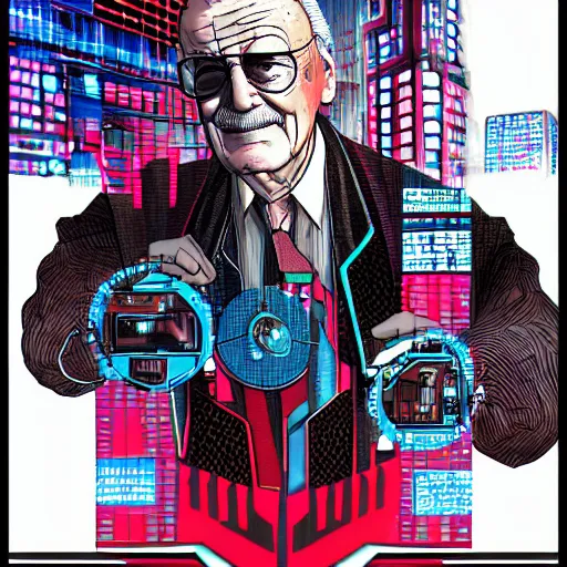 Image similar to cyberpunk stan lee as the leader of a futuristic communist nation, cybernetics, sharp lines, digital, artstation, colored in