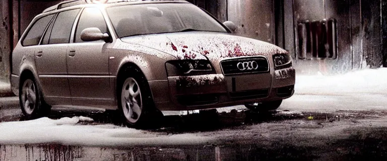 Image similar to Audi A4 B6 Avant (2002), a gritty neo-noir, dramatic lighting, cinematic, eerie person, death, homicide, homicide in the snow, viscera splattered, gunshots, bullet holes, establishing shot, extremely high detail, photorealistic, raging fire at a warehouse, arson, cinematic lighting, artstation, by simon stalenhag, Max Payne (PC) (2001) winter New York at night, In the style of Max Payne 1 graphic novel, flashing lights, Poets of the Fall - Late Goodbye