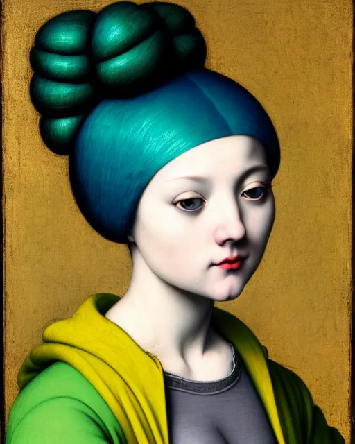 Prompt: portrait of a pale curvy woman with green blue hair buns, wearing a yellow hoodie, intricate details, high detail, black background, in a high renaissance style, in the style of jacopo da pontormo, by mark ryden, punk, asian art,