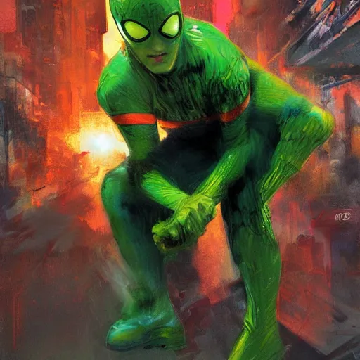 Prompt: an orange and green spiderman by ruan jia and marc silvestri