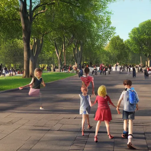 Image similar to a pixar render of kids walking through central park