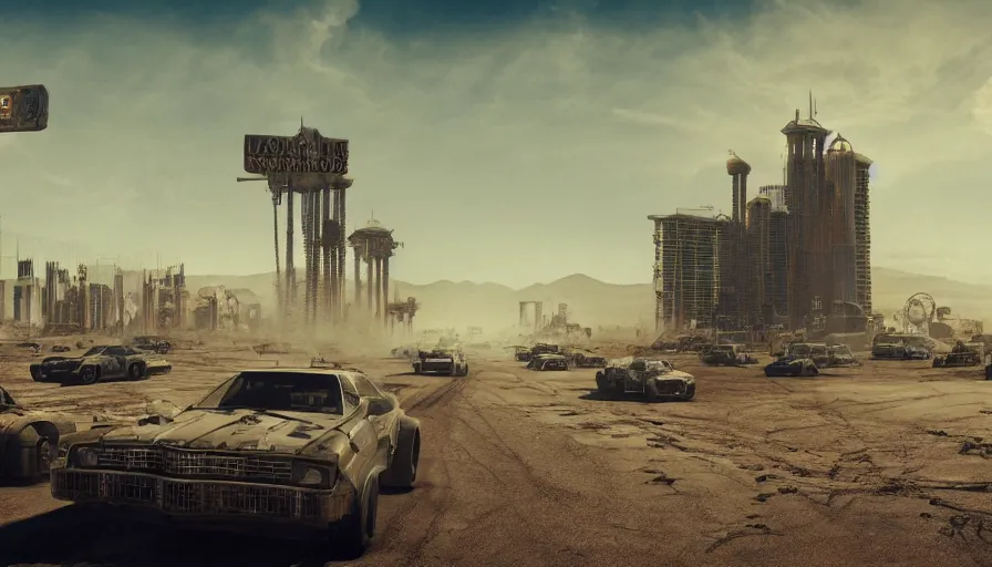 Prompt: Las Vegas in Mad Max, hyperdetailed, artstation, cgsociety, 8k