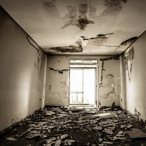 Image similar to A hand reaches from the floor in a dilapidated hospital, glowing from the ceiling