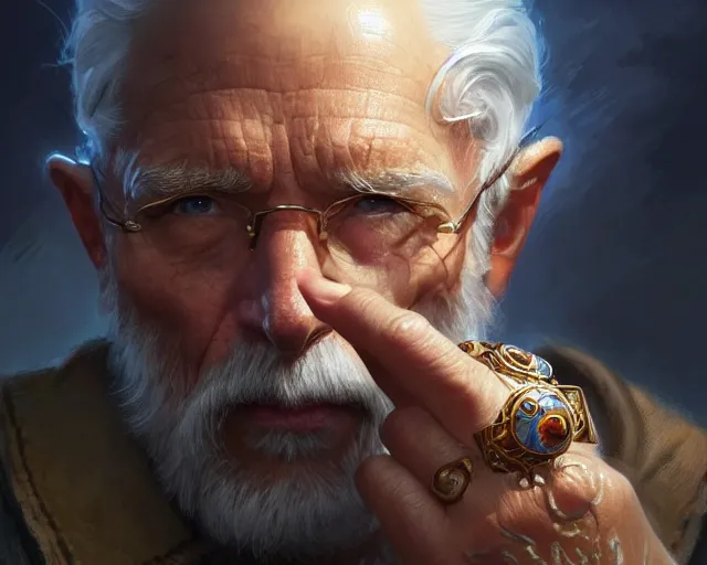 Image similar to old man with a ring on each finger, deep focus, d & d, fantasy, intricate, elegant, highly detailed, digital painting, artstation, concept art, matte, sharp focus, illustration, hearthstone, art by artgerm and greg rutkowski and alphonse mucha