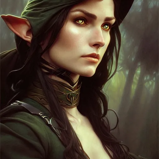 Image similar to portrait of a elven ranger, dark, piercing eyes, gentle expression, elegant clothing, photorealistic, highly detailed, artstation, smooth, sharp focus, art by michael whelan, artgerm, greg rutkowski and alphonse mucha