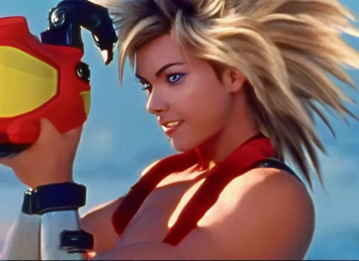 Prompt: a film still of a waman called tracer from overwatch in baywatch ( 1 9 8 9 )