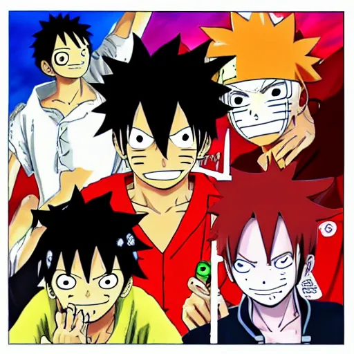 Prompt: « Luffy, Naruto and Ichigo in the same team »