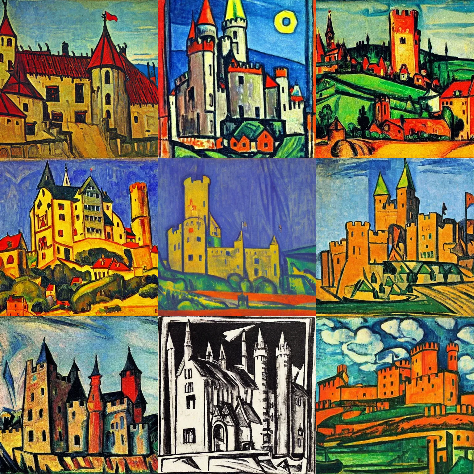 Prompt: medieval castle, by max pechstein