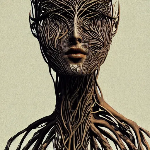 Prompt: digital art, Abstract art, humain female body made of roots, intricate roots, trending on artstation, -640