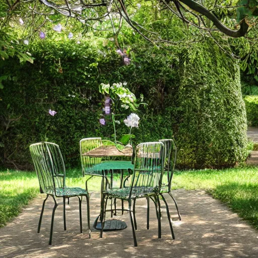 Prompt: delicate, chairs, garden, paved, botanic photography, iridescent, 8 k, realistic shaded, fine details, artstation, italian, iron gate, tree, mediterranean