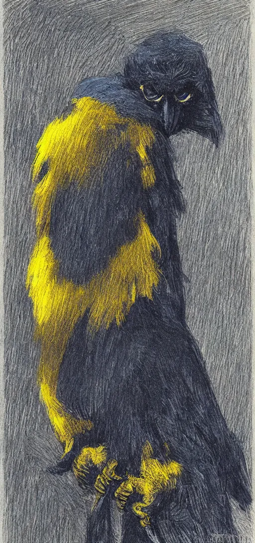 Prompt: long - eared monkey - crow creature wearing a raincoat | tonalist painting, crosshatching, grisaille | prussian blue and azo yellow, dramatic lighting