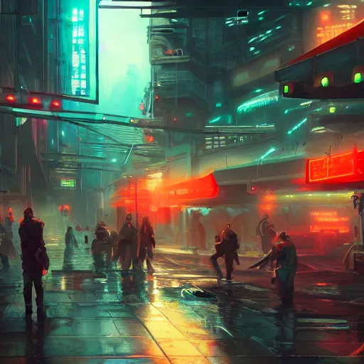 Image similar to concept art environment design of dystopian cyberpunk city with neon lights, people on the streets being monitored by drones, trending on artstation, painted by dreadjim, eddie mendoza, wlop