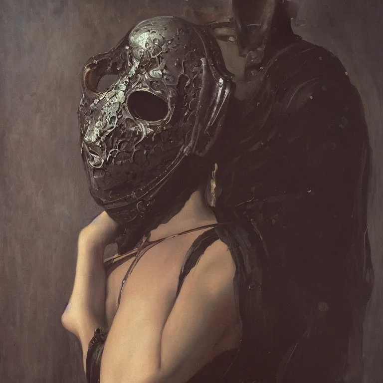 Prompt: The waist-high portrait of beautiful woman with closed eyes in steel full-face occult mask and black transparent dress by Ilya Repin, William Blake, Michelangelo da Caravaggio and Beksinski, highly detailed oil painting, trending by artstation, fantasy character, 4k, masterpiece