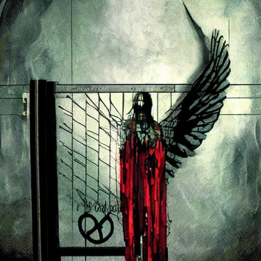 Image similar to a digital angel made of source code protects the gate to exit the simulation, matte painting by dave mckean, esao andrews and yoji shinkawa