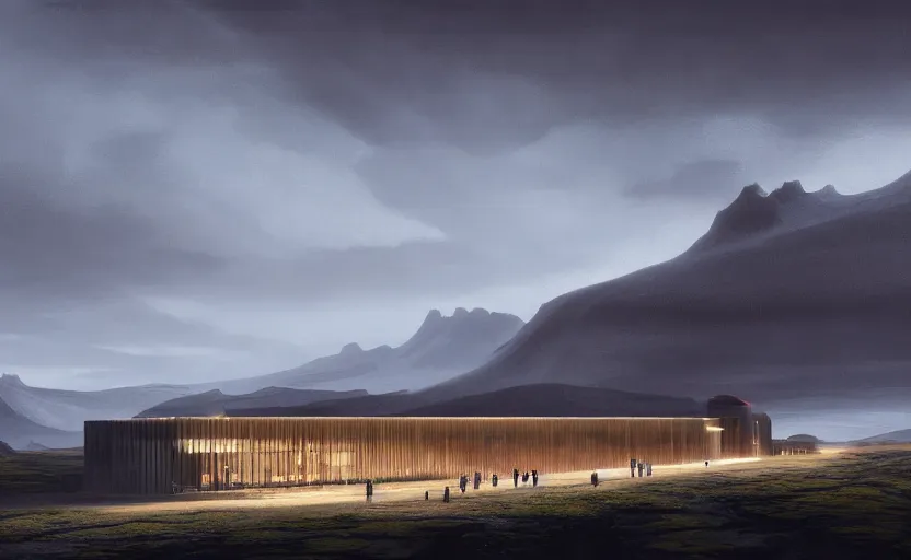 Image similar to exterior shot of utopian train station on in the middle of an icelandic hill with cinematic lighting by peter zumthor and renzo piano, darek zabrocki and greg ruthkowski, simon stalenhag, cinematic, holy place, paradise, scifi, futurism, atmospheric, concept art, artstation, trending on artstation