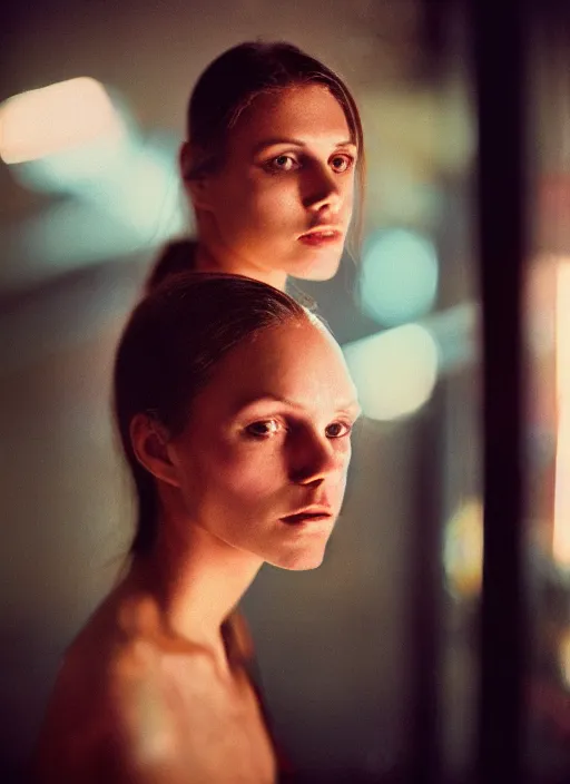 Image similar to a hyper realistic and detailed head portrait photography of French woman by Annie Leibovitz. Neo noir style. Cinematic. torch lights and glow in the background. Cinestill 800T film. Lens flare. Helios 44m