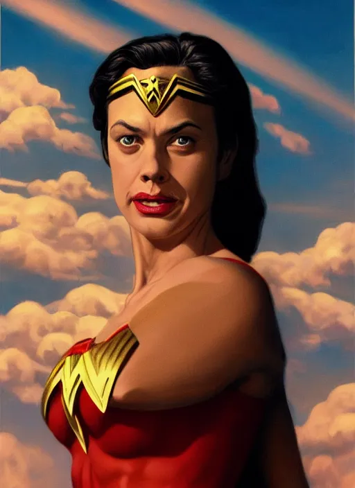 Prompt: steve buscemi as wonder woman, in clouds, portrait by greg hildebrandt, studio lighting, muted colors, by terry richardson, by frank frazetta, extreme detail, reflections, trending on artstation, 8 k